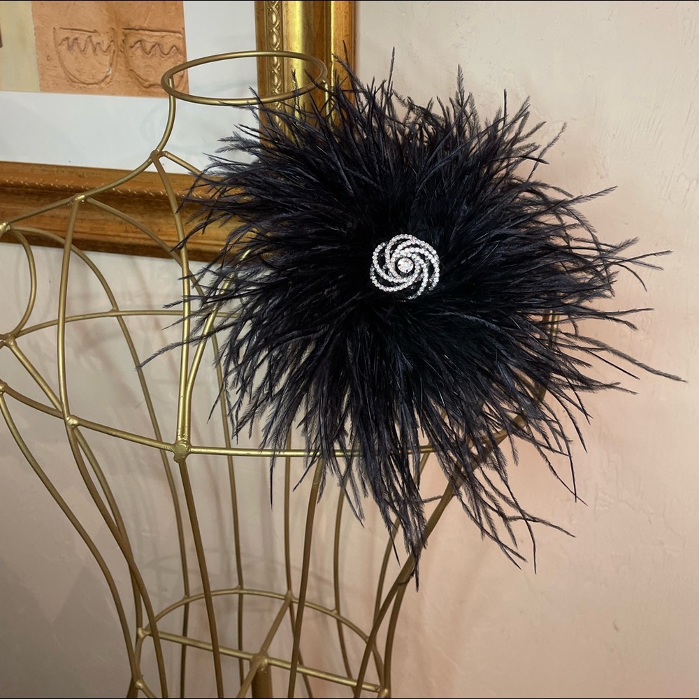 Handmade Bespoke Ostrich Feather Brooch Pin with Sparkling Crystal Embellishment